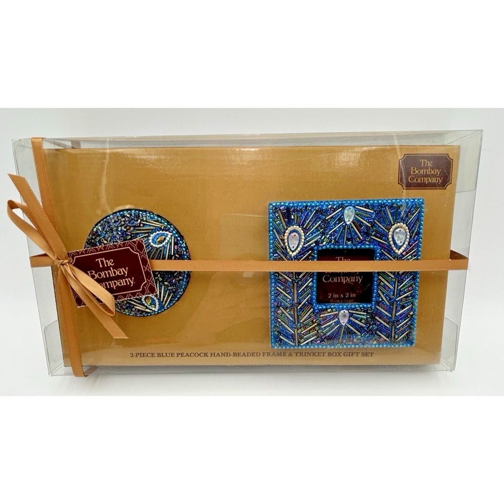The Bombay Co Blue‎ Peacock Hand Beaded Mirror And Trinket Box Gift Set New